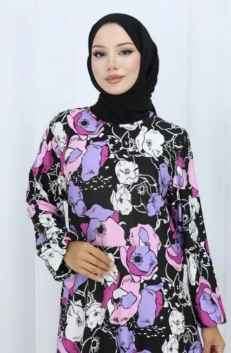 Gestreepte Gekamde Katoenen Jurk 2135B-01 Zwart/paars 2135B-01