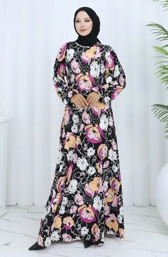 Gestreepte Gekamde Katoenen Jurk 2135B-02 Zwart Poeder 2135B-02