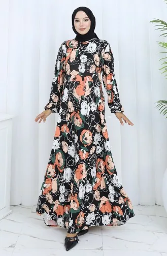 Gemustertes Kleid Aus Gekämmter Baumwolle 2135B-03 Schwarz Ziegel 2135B-03