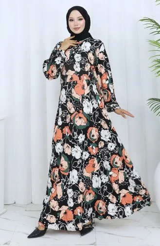 Gemustertes Kleid Aus Gekämmter Baumwolle 2135B-03 Schwarz Ziegel 2135B-03