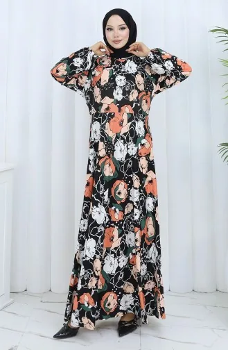 Gemustertes Kleid Aus Gekämmter Baumwolle 2135B-03 Schwarz Ziegel 2135B-03