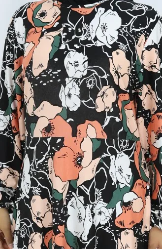 Gemustertes Kleid Aus Gekämmter Baumwolle 2135B-03 Schwarz Ziegel 2135B-03