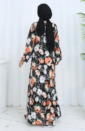 Gemustertes Kleid Aus Gekämmter Baumwolle 2135B-03 Schwarz Ziegel 2135B-03