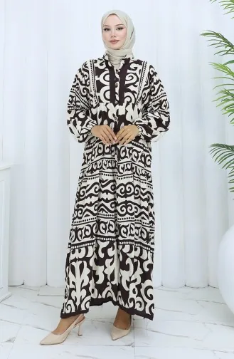 Alaçatı Halbgeknöpftes Kleid Mit Muster 2137-01 Braun Creme 2137-01