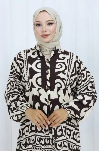 Alaçatı Halbgeknöpftes Kleid Mit Muster 2137-01 Braun Creme 2137-01