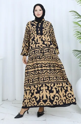 Alaçatı Patroon Halfgeknoopte Jurk 2137-02 Melkkoffie Zwart 2137-02