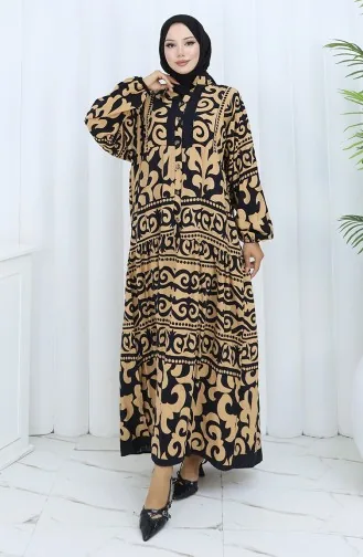 Alaçatı Patroon Halfgeknoopte Jurk 2137-02 Melkkoffie Zwart 2137-02