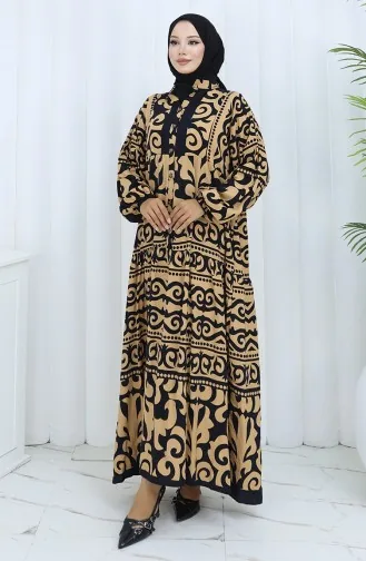 Alaçatı Patroon Halfgeknoopte Jurk 2137-02 Melkkoffie Zwart 2137-02