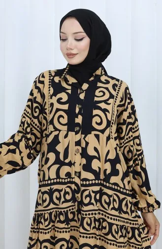 Alaçatı Patroon Halfgeknoopte Jurk 2137-02 Melkkoffie Zwart 2137-02