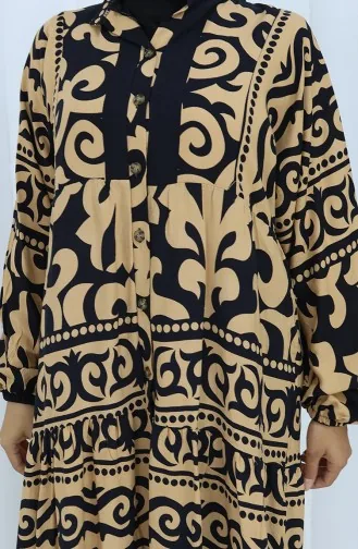 Alaçatı Patroon Halfgeknoopte Jurk 2137-02 Melkkoffie Zwart 2137-02