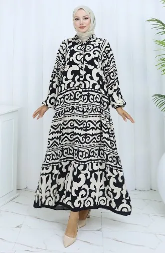 Alaçatı Desen Yarım Düğmeli Elbise 2137-03 Siyah Krem