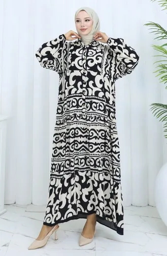 Alaçatı Desen Yarım Düğmeli Elbise 2137-03 Siyah Krem