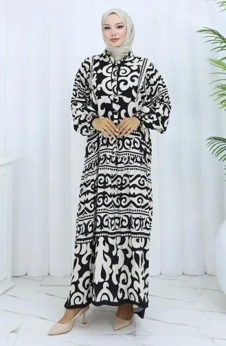 Alaçatı Desen Yarım Düğmeli Elbise 2137-03 Siyah Krem