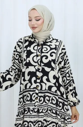 Alaçatı Desen Yarım Düğmeli Elbise 2137-03 Siyah Krem