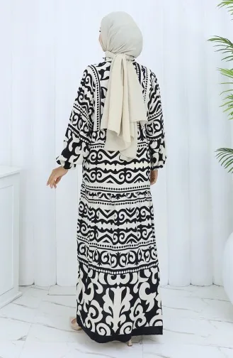 Alaçatı Desen Yarım Düğmeli Elbise 2137-03 Siyah Krem