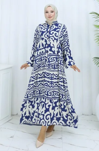 Alaçatı Pattern Half Buttoned Dress 2137-04 Navy Blue Cream 2137-04