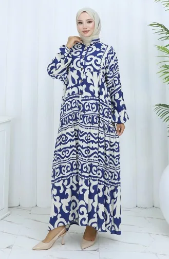 Alaçatı Pattern Half Buttoned Dress 2137-04 Navy Blue Cream 2137-04
