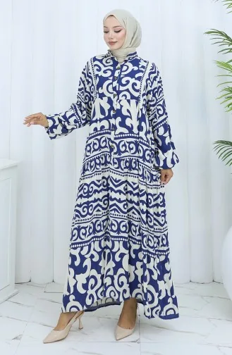 Alaçatı Pattern Half Buttoned Dress 2137-04 Navy Blue Cream 2137-04