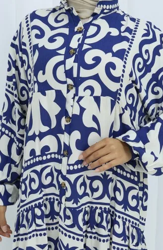 Alaçatı Pattern Half Buttoned Dress 2137-04 Navy Blue Cream 2137-04