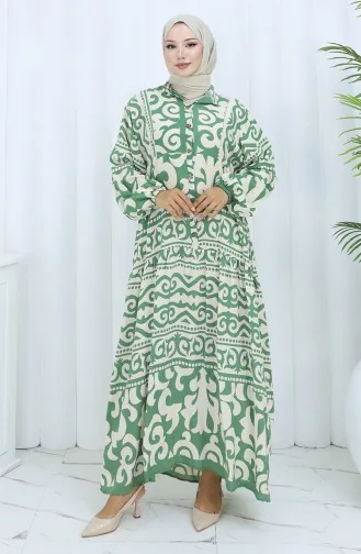 Alaçatı Desen Yarım Düğmeli Elbise 2137-05 Çağla Yeşili Krem