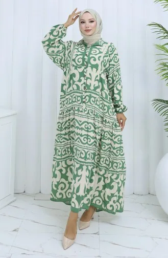 Alaçatı Desen Yarım Düğmeli Elbise 2137-05 Çağla Yeşili Krem