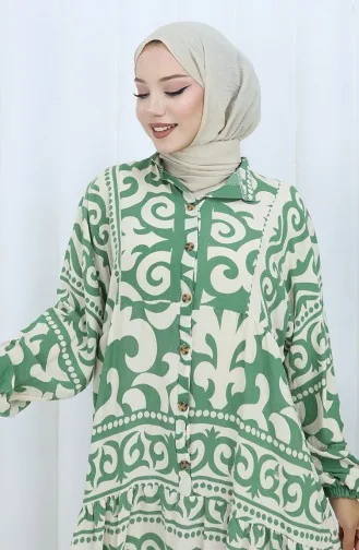 Alaçatı Desen Yarım Düğmeli Elbise 2137-05 Çağla Yeşili Krem