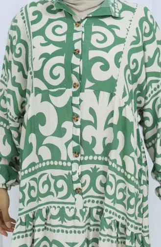 Alaçatı Desen Yarım Düğmeli Elbise 2137-05 Çağla Yeşili Krem