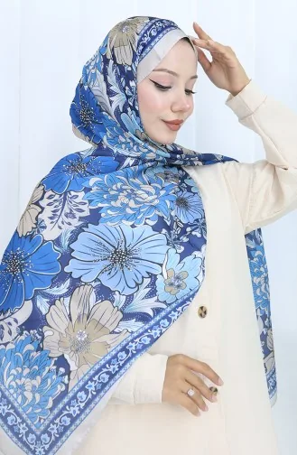 Champagnekleurige Bloemensjaal 70319-06 Beige Marineblauw 70319-06