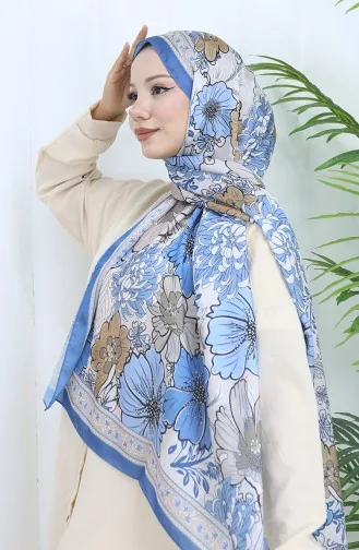 Şanzelize Çiçek Desenli Şal 70319-11 Mavi Vizon