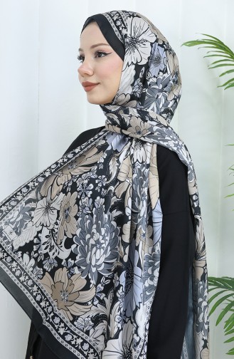 Şanzelize Çiçek Desenli Şal 70319-13 Siyah Vizon