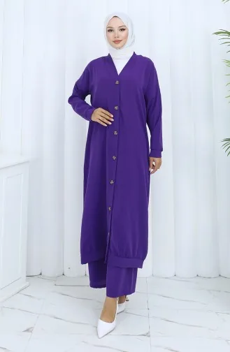 Ensemble Deux Pièces Cardigan Boutonné Et Pantalon 0138-07 Violet 0138-07