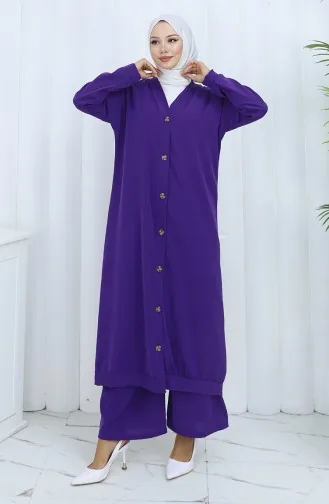 Ensemble Deux Pièces Cardigan Boutonné Et Pantalon 0138-07 Violet 0138-07