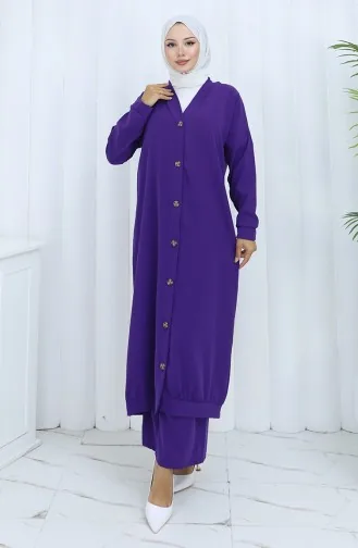 Ensemble Deux Pièces Cardigan Boutonné Et Pantalon 0138-07 Violet 0138-07