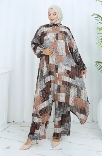 بدلة تونيك وبنطلون من قماش فيسكوز من قطعتين 2139-02 بني منك 2139-02