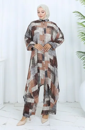 بدلة تونيك وبنطلون من قماش فيسكوز من قطعتين 2139-02 بني منك 2139-02