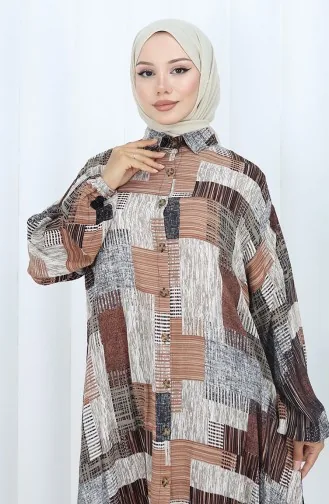 بدلة تونيك وبنطلون من قماش فيسكوز من قطعتين 2139-02 بني منك 2139-02