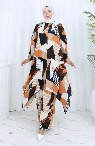 بدلة تونيك وبنطلون من قماش فيسكوز مكونة من قطعتين 2140-02 بني 2140-02