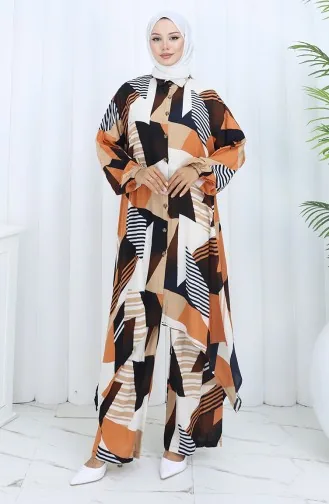 بدلة تونيك وبنطلون من قماش فيسكوز مكونة من قطعتين 2140-02 بني 2140-02