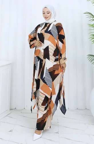 بدلة تونيك وبنطلون من قماش فيسكوز مكونة من قطعتين 2140-02 بني 2140-02
