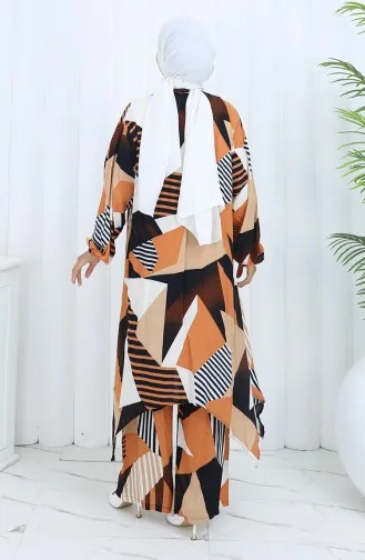 بدلة تونيك وبنطلون من قماش فيسكوز مكونة من قطعتين 2140-02 بني 2140-02