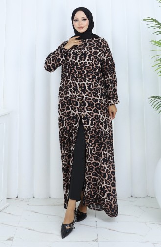 Boydan Düğmeli Leopar Desenli Elbise 0137-01 Kahverengi Siyah