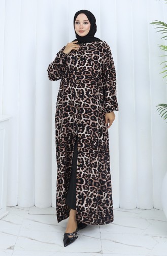 Boydan Düğmeli Leopar Desenli Elbise 0137-01 Kahverengi Siyah