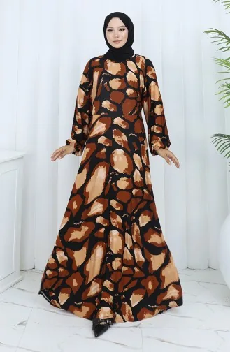 Robe En Coton Peigné à Motifs 2136-01 Marron Noir 2136-01