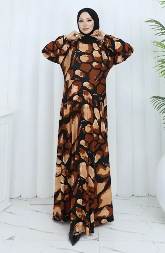 Robe En Coton Peigné à Motifs 2136-01 Marron Noir 2136-01