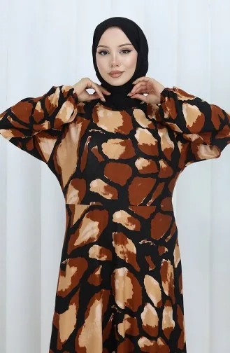 Robe En Coton Peigné à Motifs 2136-01 Marron Noir 2136-01