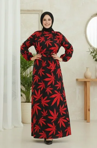 Robe à Motifs Et Ceinture 0477-03 Noir Rouge 0477-03