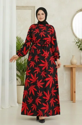 Robe à Motifs Et Ceinture 0477-03 Noir Rouge 0477-03