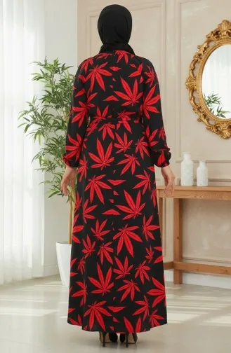 Robe à Motifs Et Ceinture 0477-03 Noir Rouge 0477-03