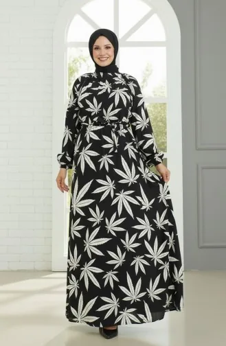 Desenli Kuşaklı Elbise 0477-05 Siyah Beyaz