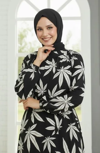 Desenli Kuşaklı Elbise 0477-05 Siyah Beyaz